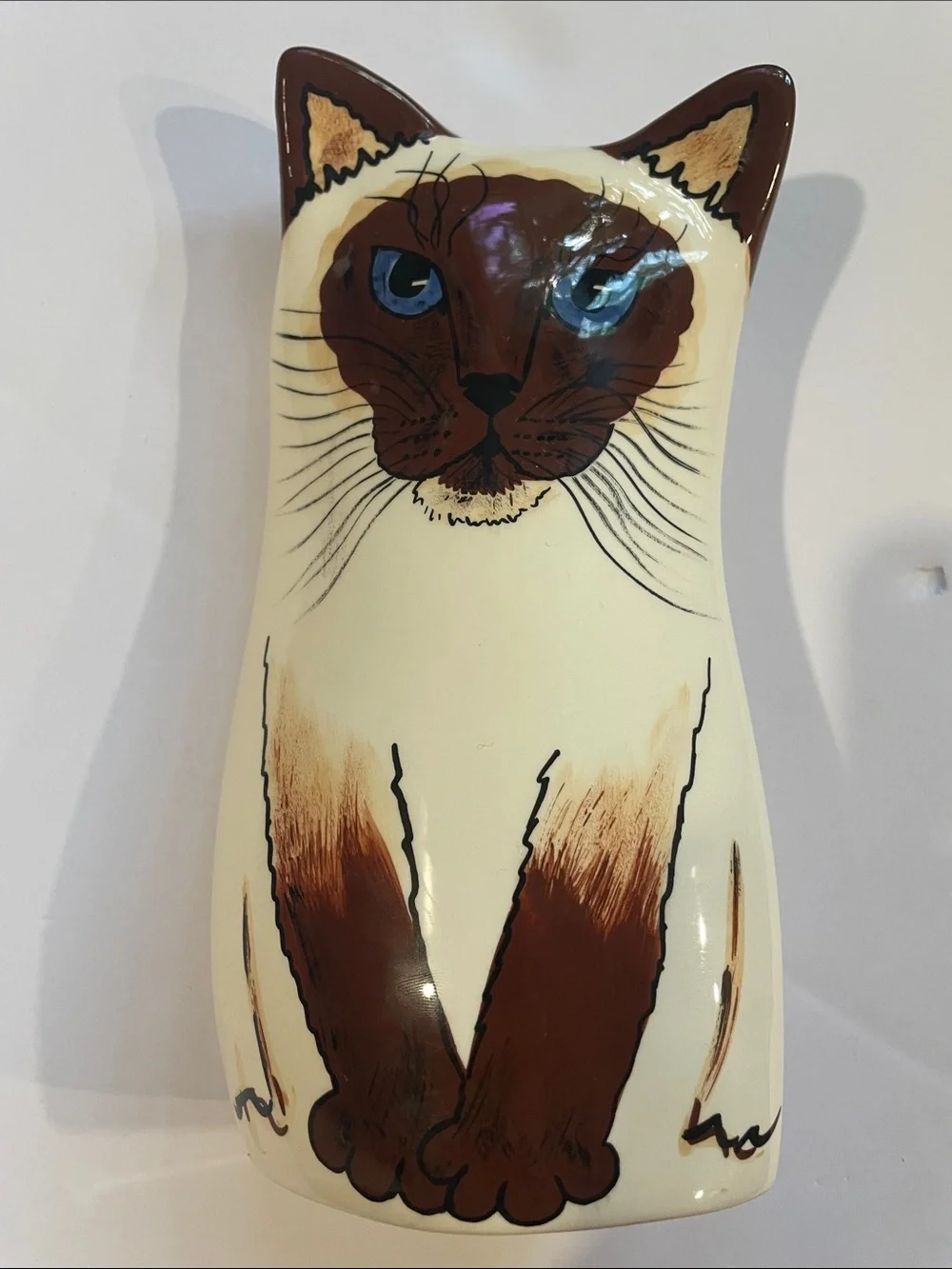 2001 Nina Lyman 8” Cream & Brown Cat Vase with Blue Eyes